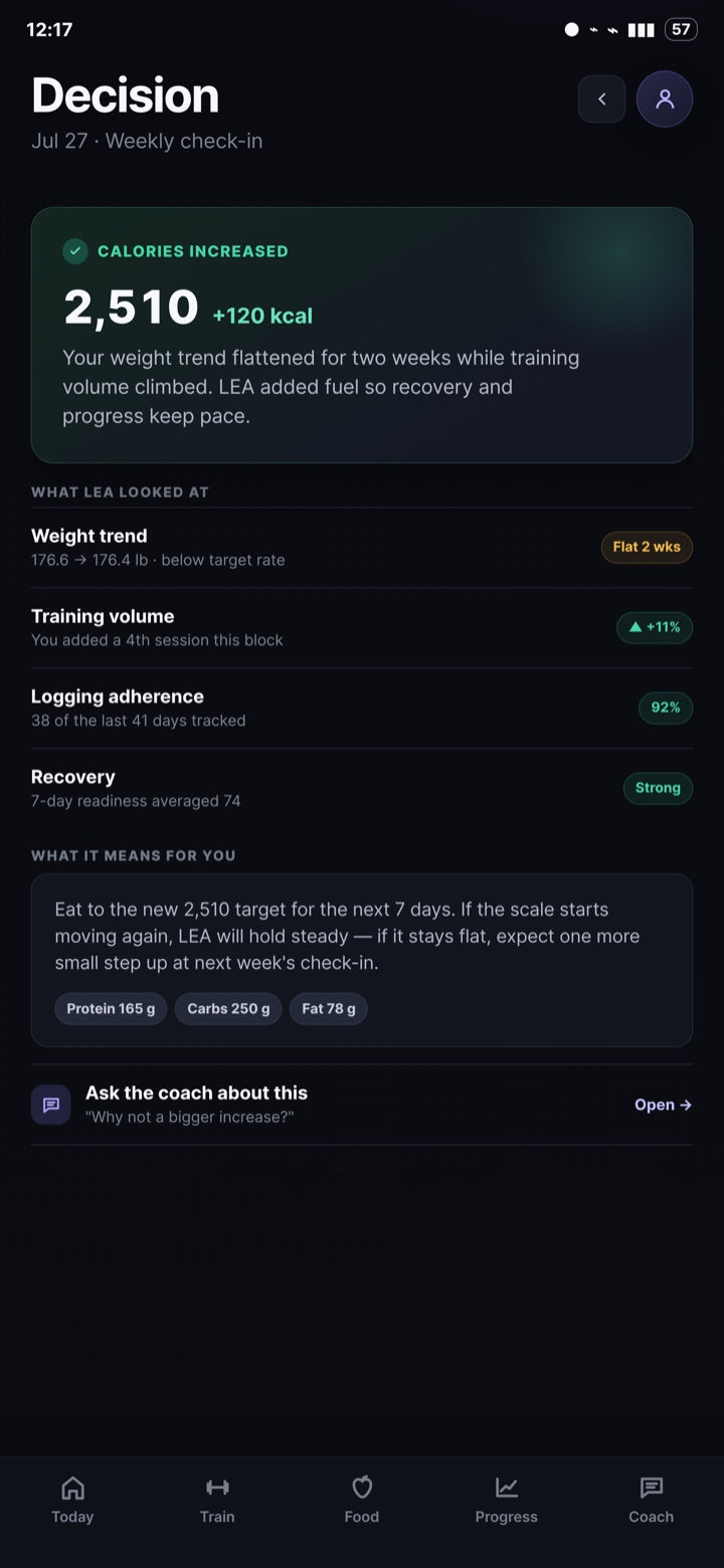 LEA Decision screen explaining a calorie increase and the information behind it