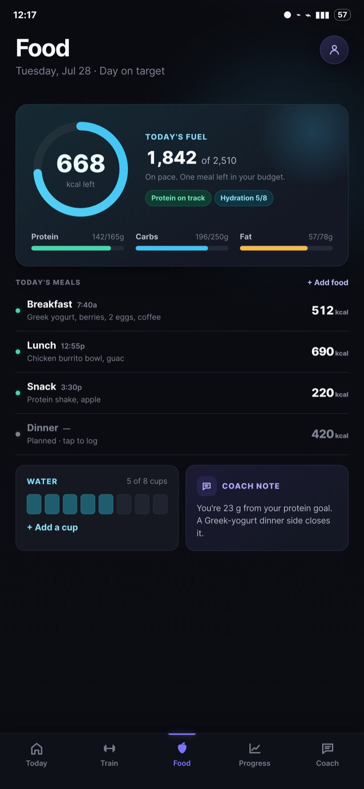 LEA Food screen showing calories, macros, meals, hydration, and a coach note