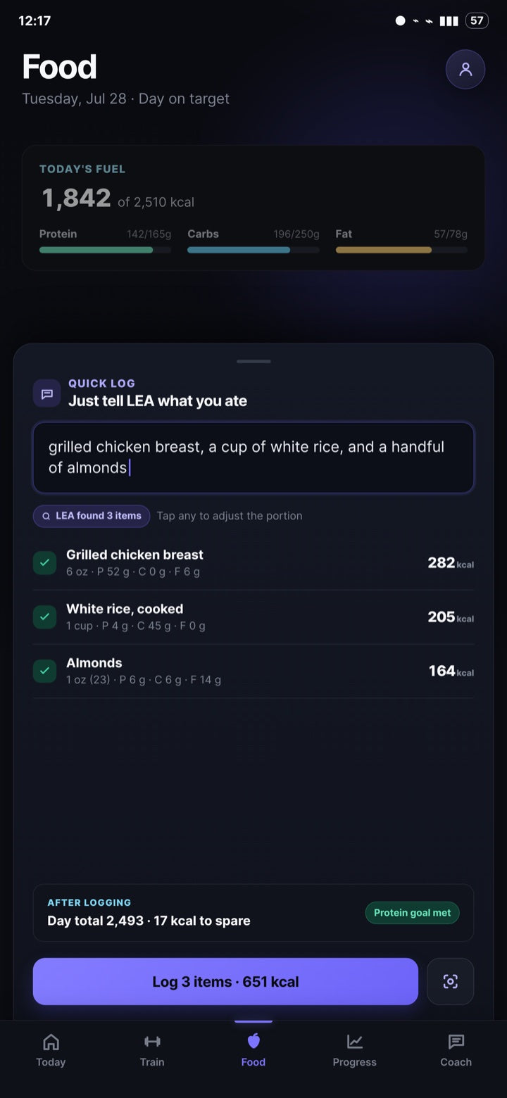 LEA Food screen showing a meal described in plain language and matched food items