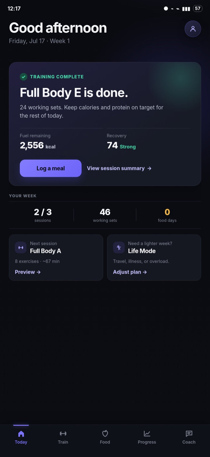 LEA Today screen showing a completed workout, recovery, weekly progress, and Life Mode