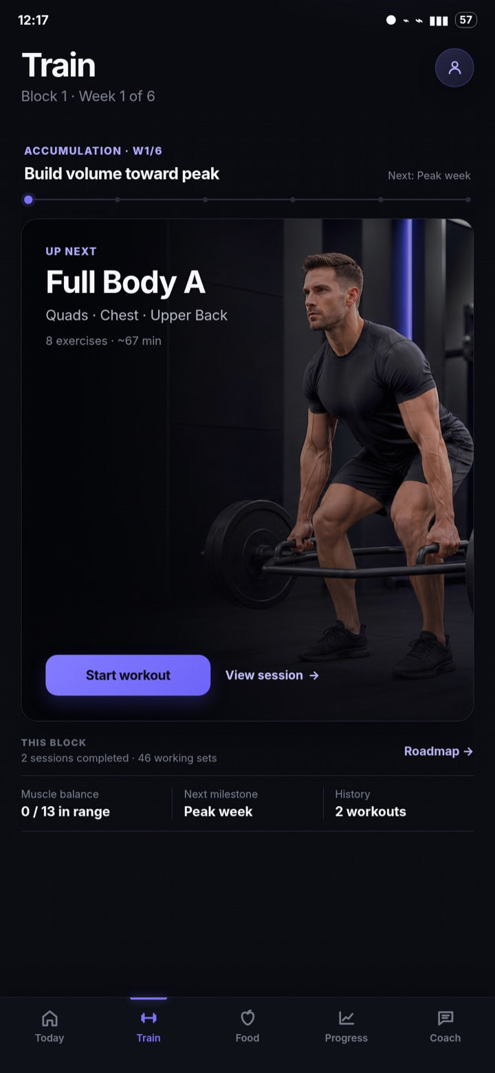 LEA Training screen showing the next workout and training plan